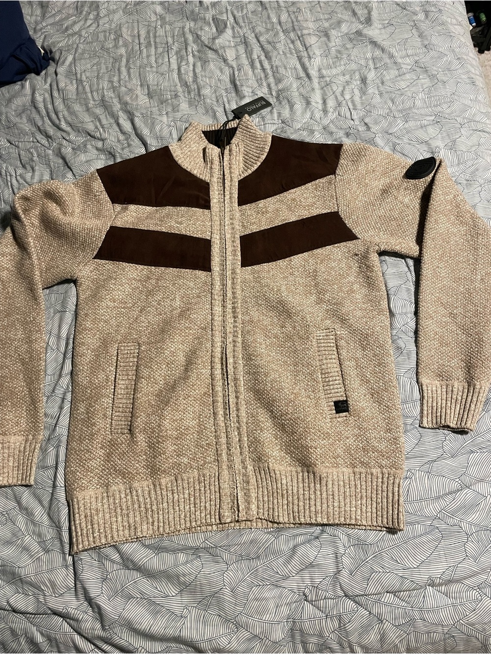 Buffalo David Bitton Beige Zip-Up Sweater with Brown Panels